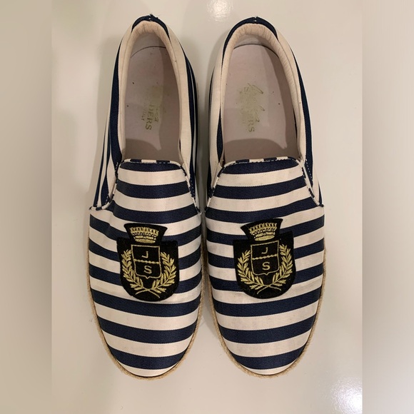 Men's JOSHUA SANDERS Striped Canvas Crest Slip On Espadrille Loafers, Size 43 - Picture 1 of 6